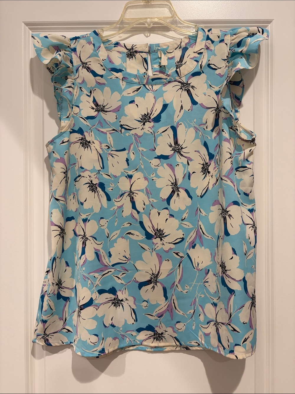 Cotton Bleu Light Blue Floral Ruffle Sleeve Women's Top, size L
